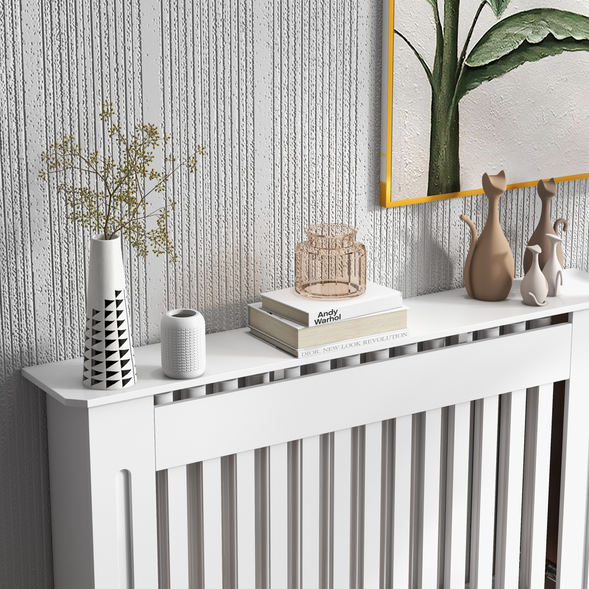 Radiator Cover Cabinet Painted Slatted MDF with Shelf, Lined Grill, 112 x 19 x 81 cm