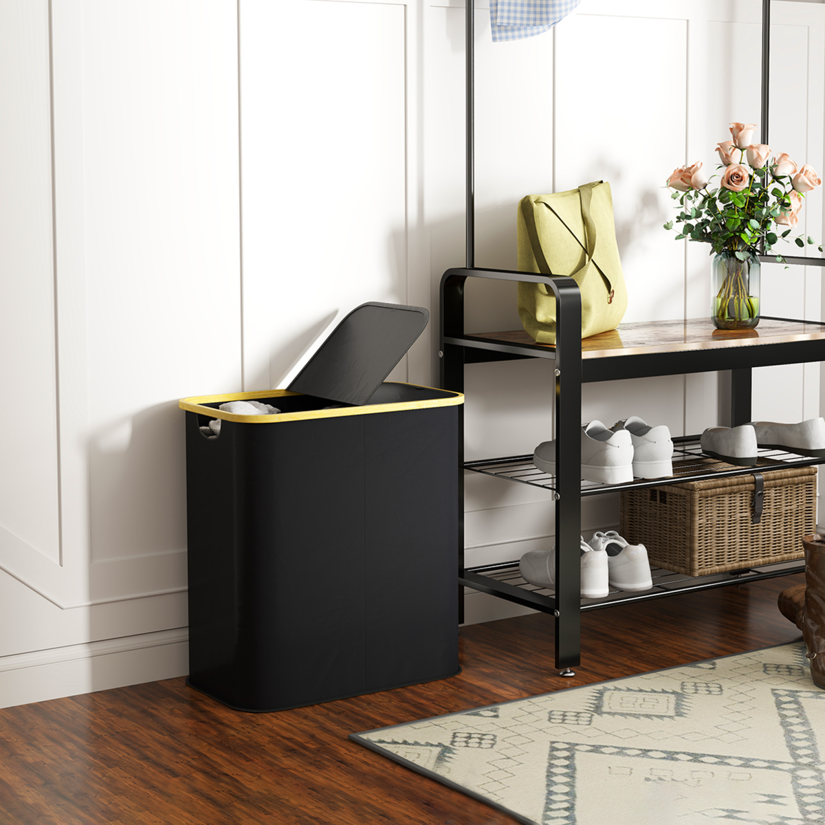 HOMCOM 80L Double Laundry Hamper, Foldable Bamboo, Black