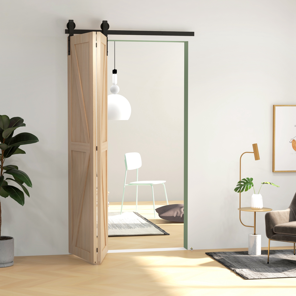 HOMCOM 4FT/122cm Bi-Folding Sliding Barn Door Hardware Kit, Black