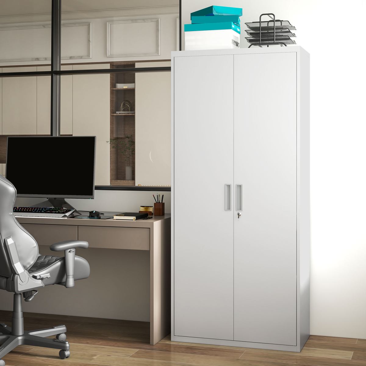 HOMCOM Lockable Steel Storage Cabinet with 5 Adjustable Shelves, White