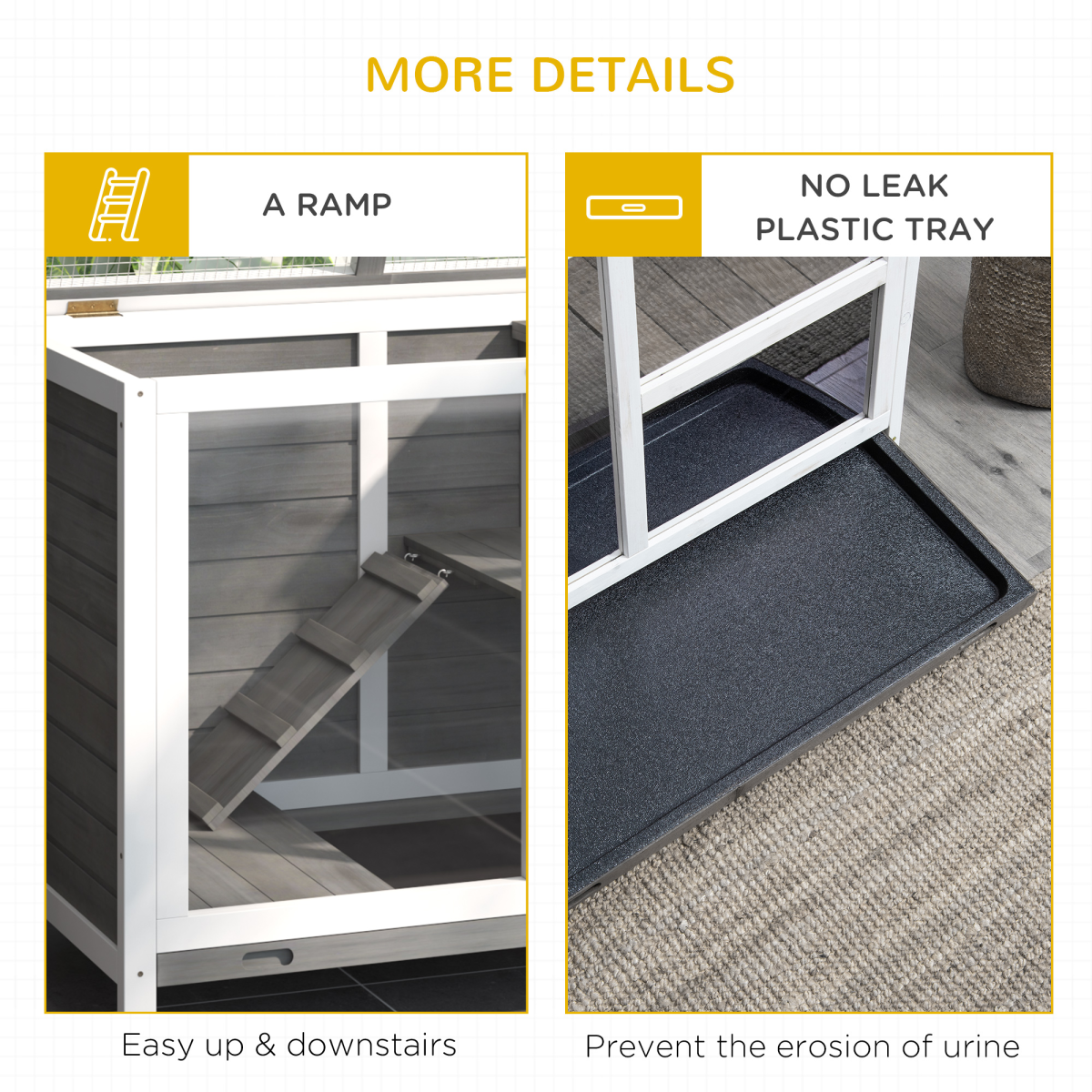Indoor Wooden Rabbit Hutch, 2-Tier Indoor Bunny Cage with Tray, Ramp and Wheels, Grey