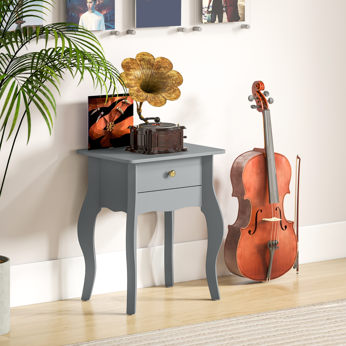 HOMCOM French Style Grey Side Table with Drawer, Curved Legs