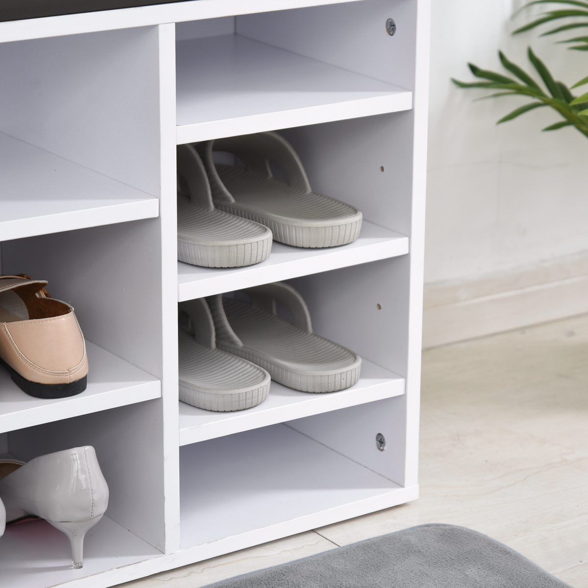 HOMCOM 14-Compartment Shoe Storage Bench with PU Leather Seat, Brown/White