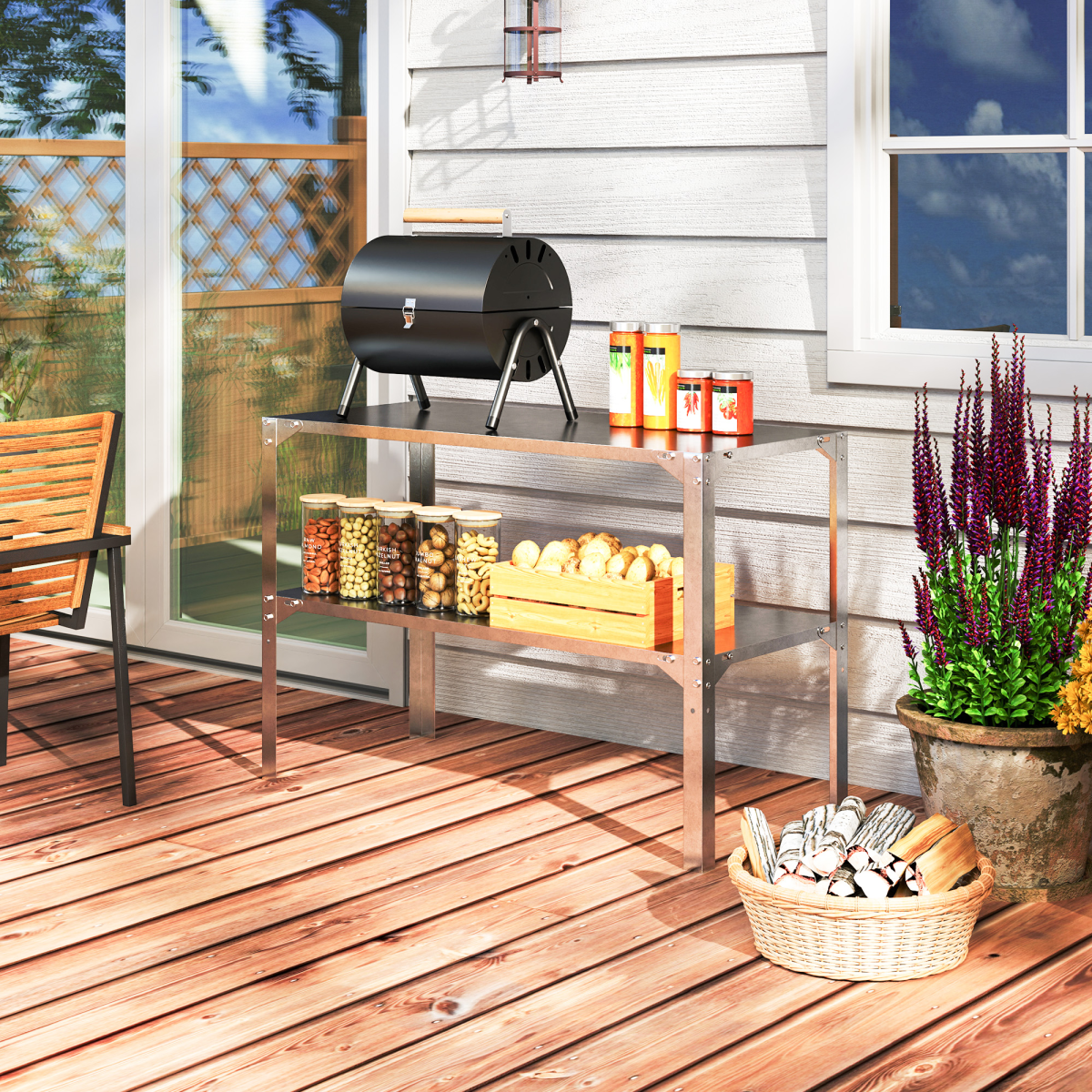 Outsunny 2 Tier Galvanised Steel Potting Bench Table, Silver Tone, Outdoor Gardening Work Bench with Storage Shelves