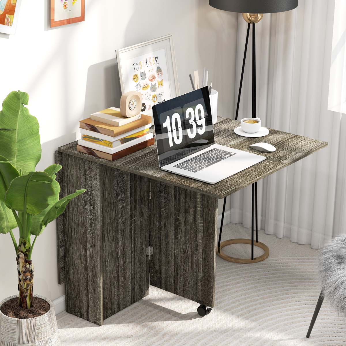 AIYAPLAY Grey Mobile Drop Leaf Dining Table with Wheels & Shelves