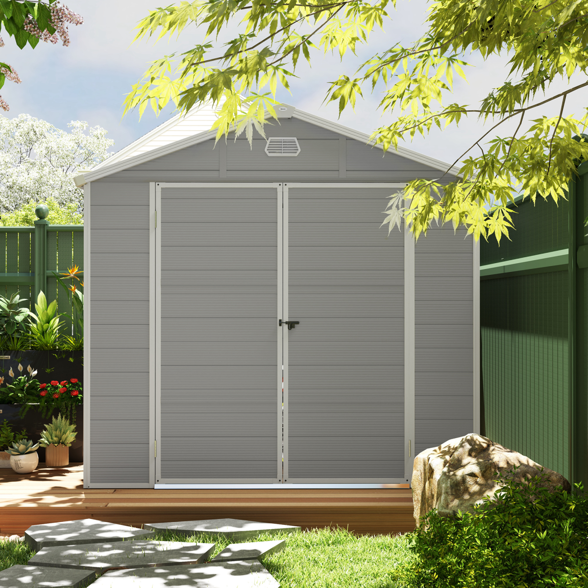 Outsunny 8 x 6ft Garden Storage Shed with Foundation Kit, Light Grey