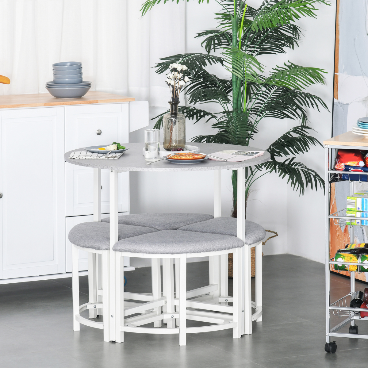 Modern Round Dining Table Set with 4 Upholstered Stools, Steel Frame