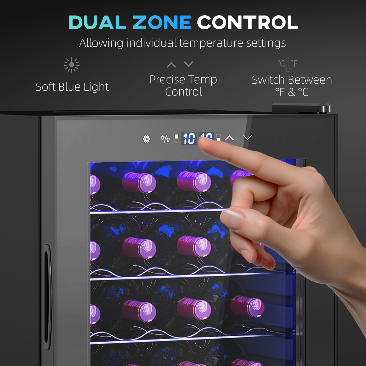HOMCOM 86L Dual Zone Wine Cooler, 32-Bottle, Adjustable Temp, Black