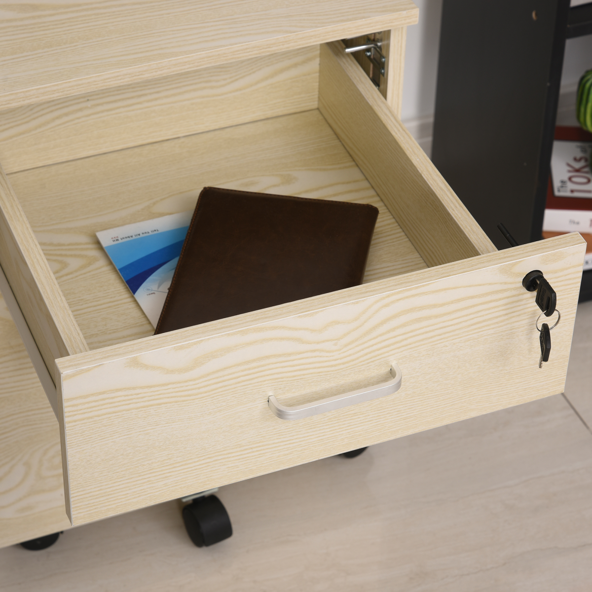 2-Drawer Locking Office Filing Cabinet with 5 Wheels, Oak Finish, Rolling Storage Cabinet