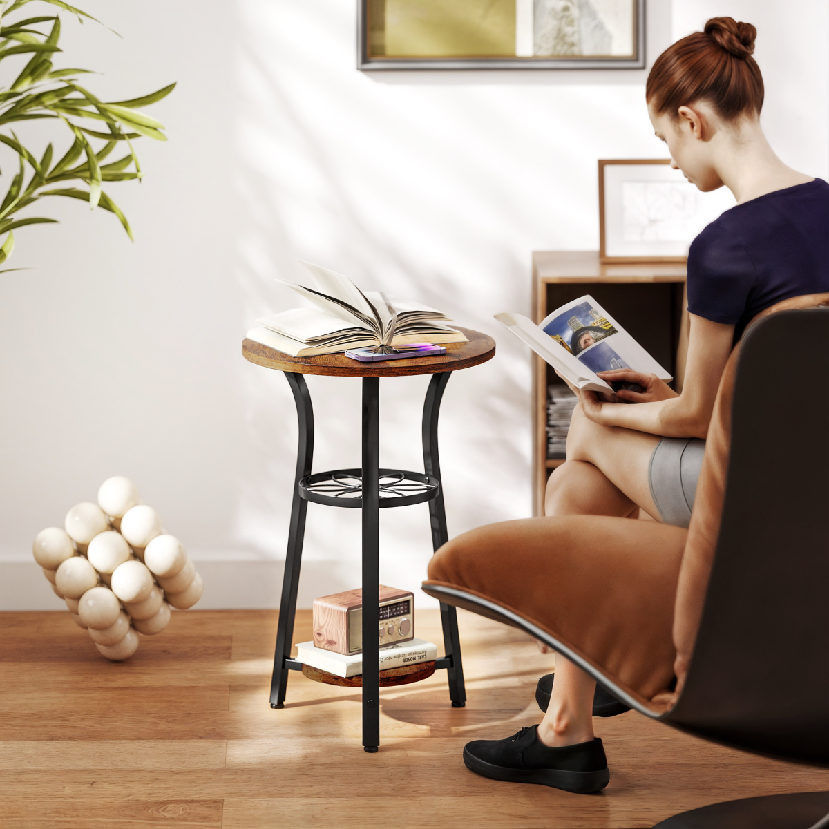 HOMCOM 38 cm Round 3-Tier Industrial Side Table, Rustic Brown
