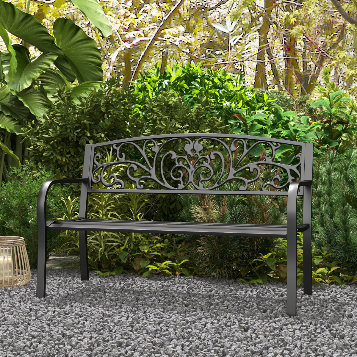 Outsunny 2-Seater Steel Garden Bench with Floral Backrest