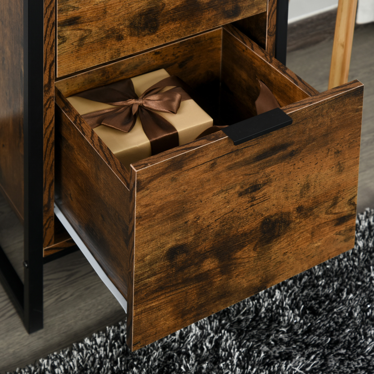 Industrial 3-Drawer Storage Chest with Steel Frame, Brown