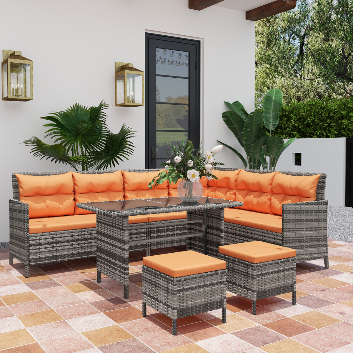 Outsunny 6-Piece Orange Wicker Patio Sofa Set with Cushions