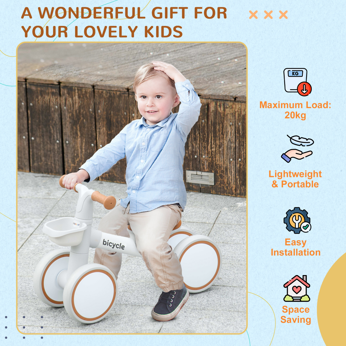 AIYAPLAY Kids Balance Bike, Adjustable Seat, Ages 1-3, Brown