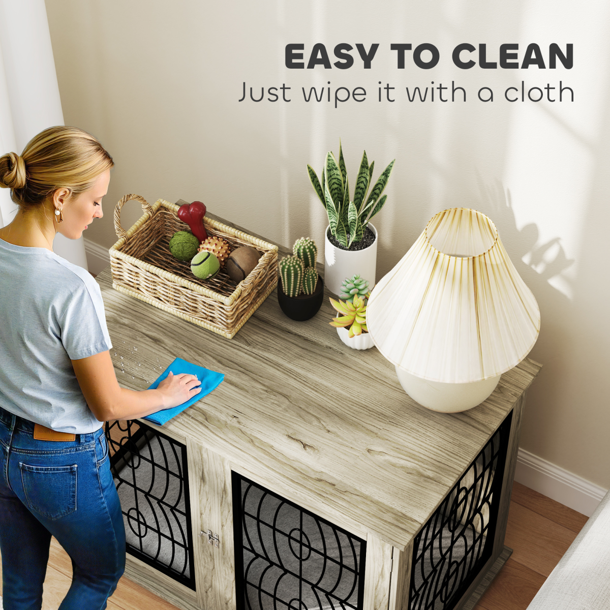 PawHut Dog Crate End Table for Large Dogs, Grey Wood-Effect Cushion