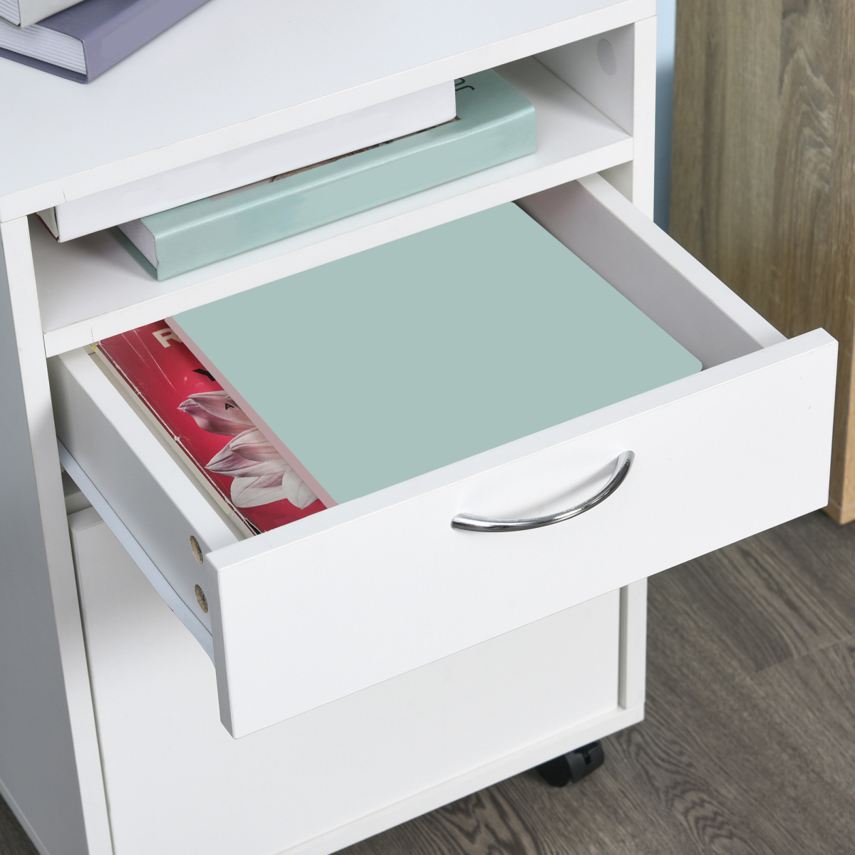 HOMCOM 60cm Storage Cabinet with Drawer, Open Shelf, Metal Handles, 4 Wheels, White