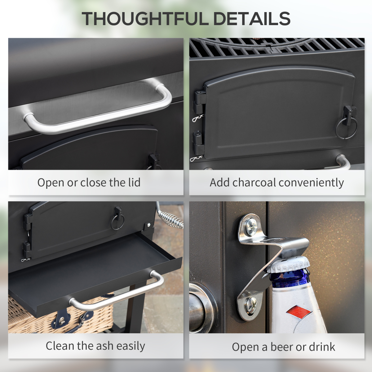 Outsunny 3-in-1 Charcoal Grill Smoker Trolley with Thermometer