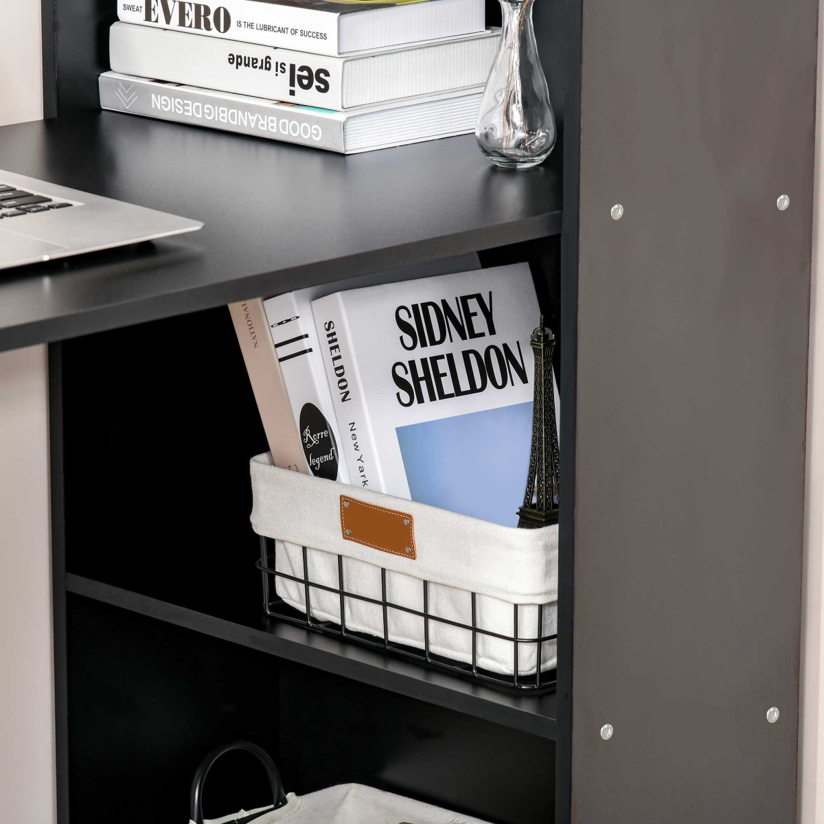 HOMCOM Computer Desk, 120 x 55 x 120 cm, Black, Space-Saving Design with 6 Shelves and Cubby Storage
