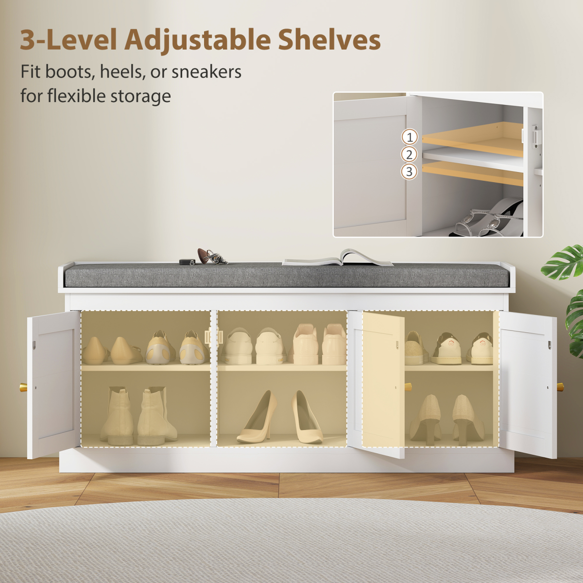 HOMCOM Shoe Storage Bench with Rattan Doors and Cushion