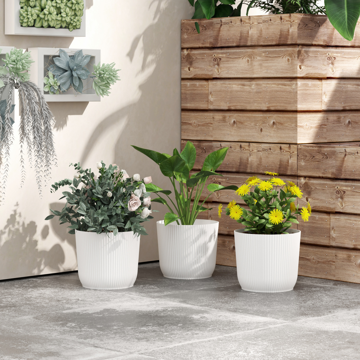 Outsunny Set of 3 Stackable Round Plant Pots, 22cm, White