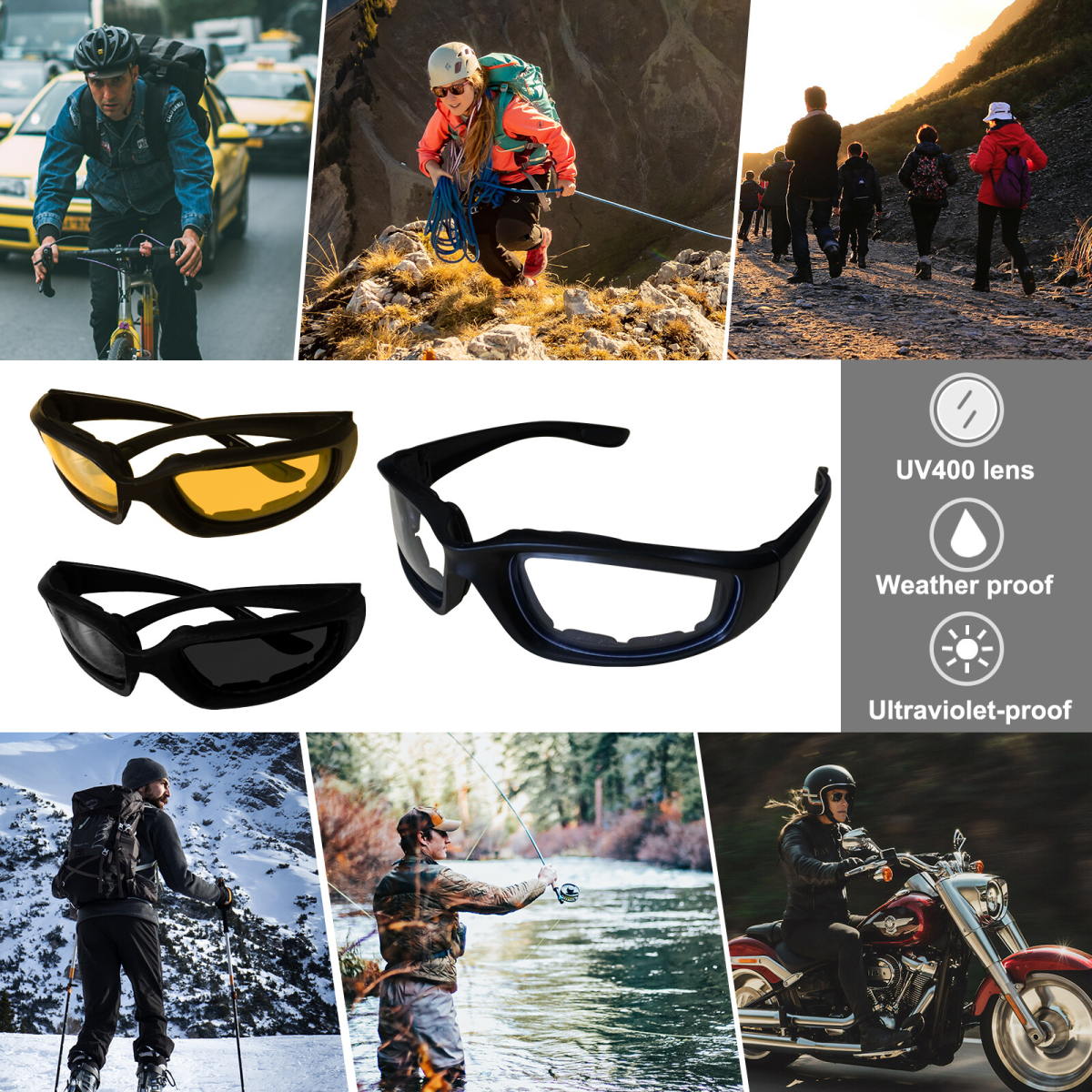 3 pairs Motorcycle Sports Biker Riding Glasses Wind Resistant Eye Protection Women Men Sports Goggles Cycling Glasses Sunglasses Gray/Clear/Yellow
