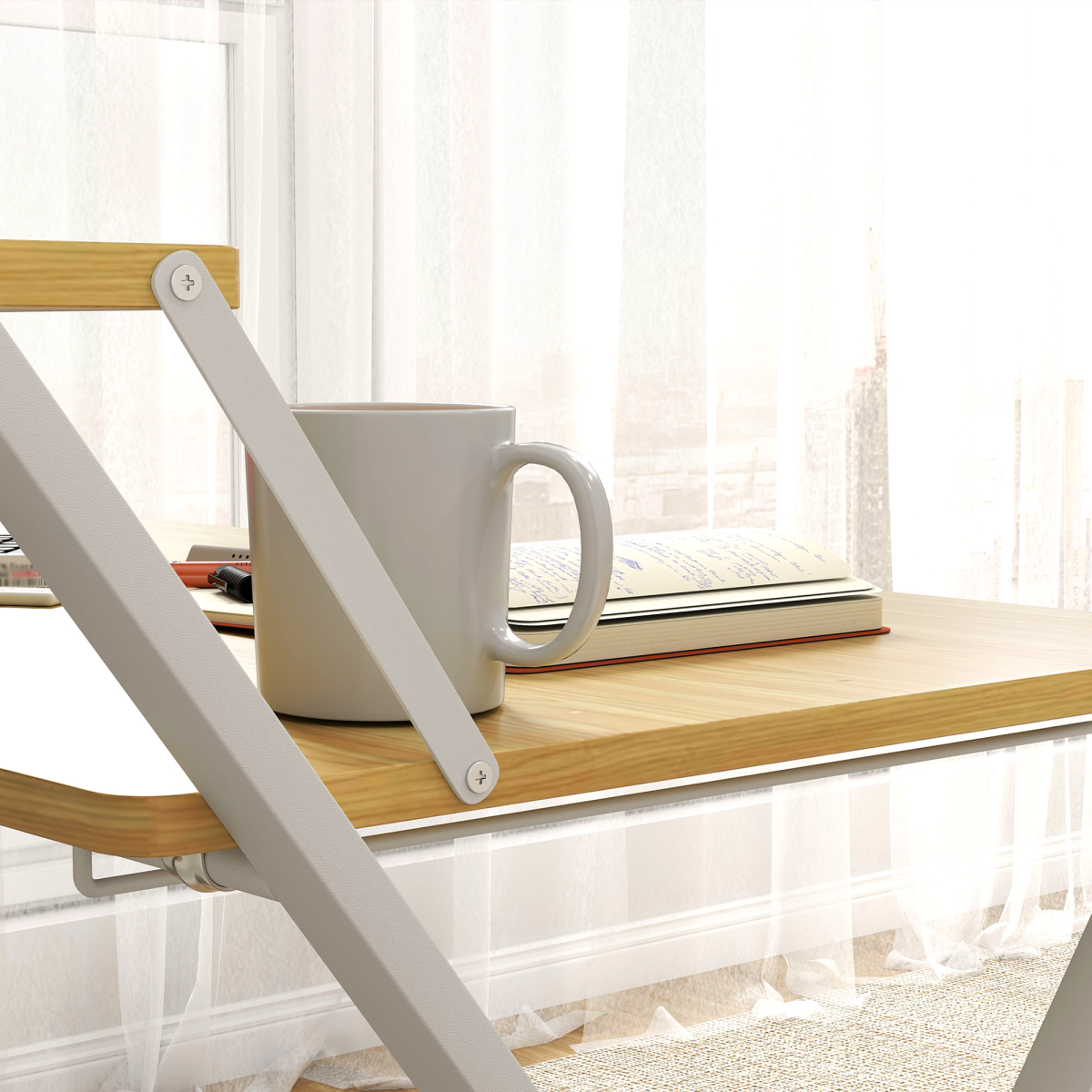 HOMCOM Folding Desk with 2-Tier Shelf, Maple Wood-Effect