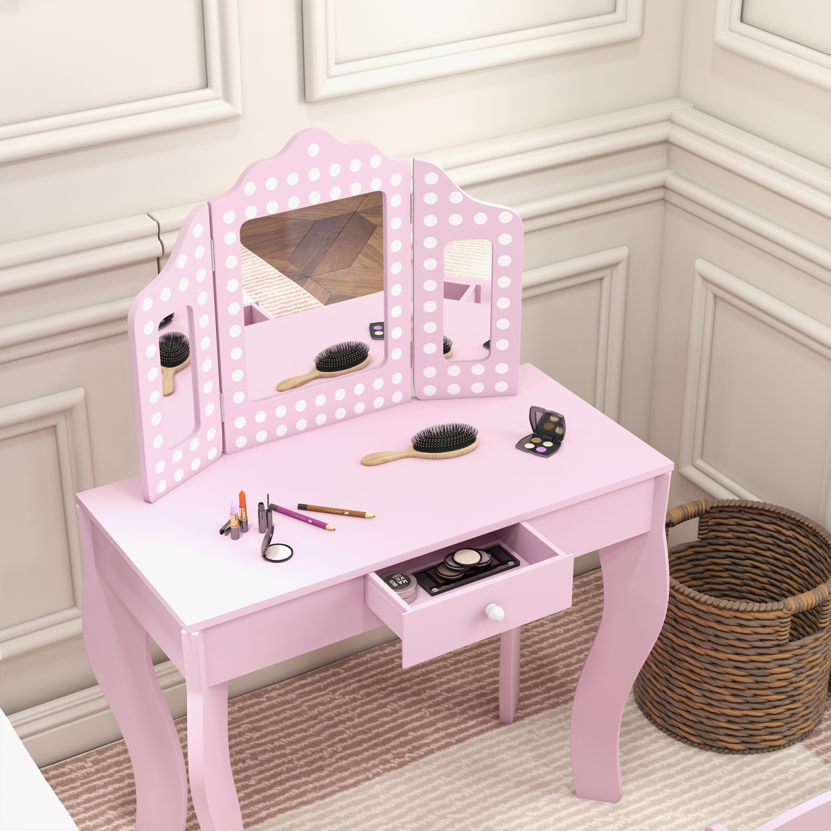 AIYAPLAY Kids Dressing Table Set, Pink, with Stool, Mirror & Drawer