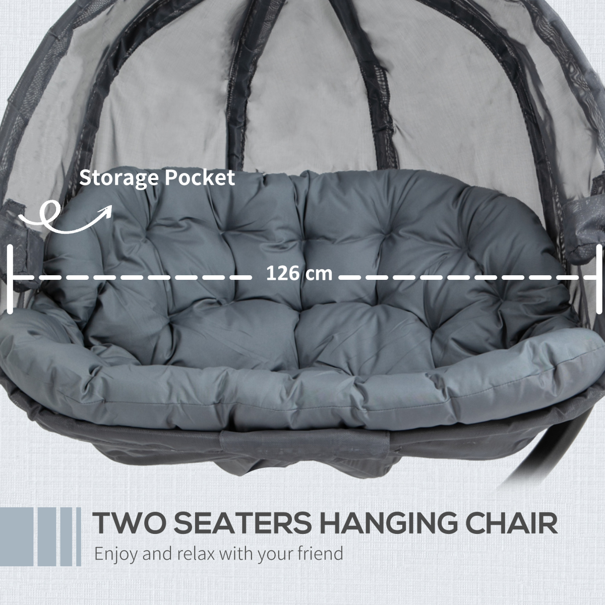 Outsunny 2-Seater Hanging Egg Chair with Cushion, Grey