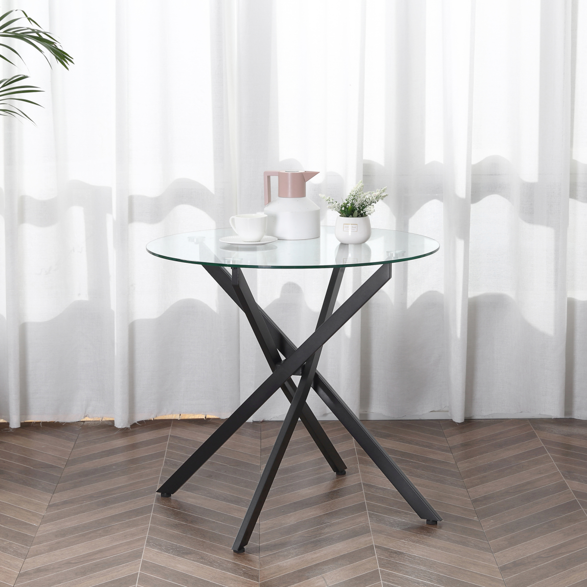 Clear Glass Round Side Table with Metal Frame, Black