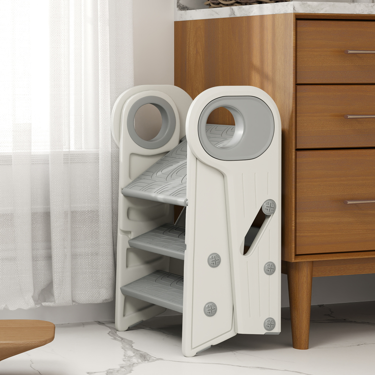 AIYAPLAY Foldable Adjustable Toddler Tower with Handle, Non-Slip, Grey