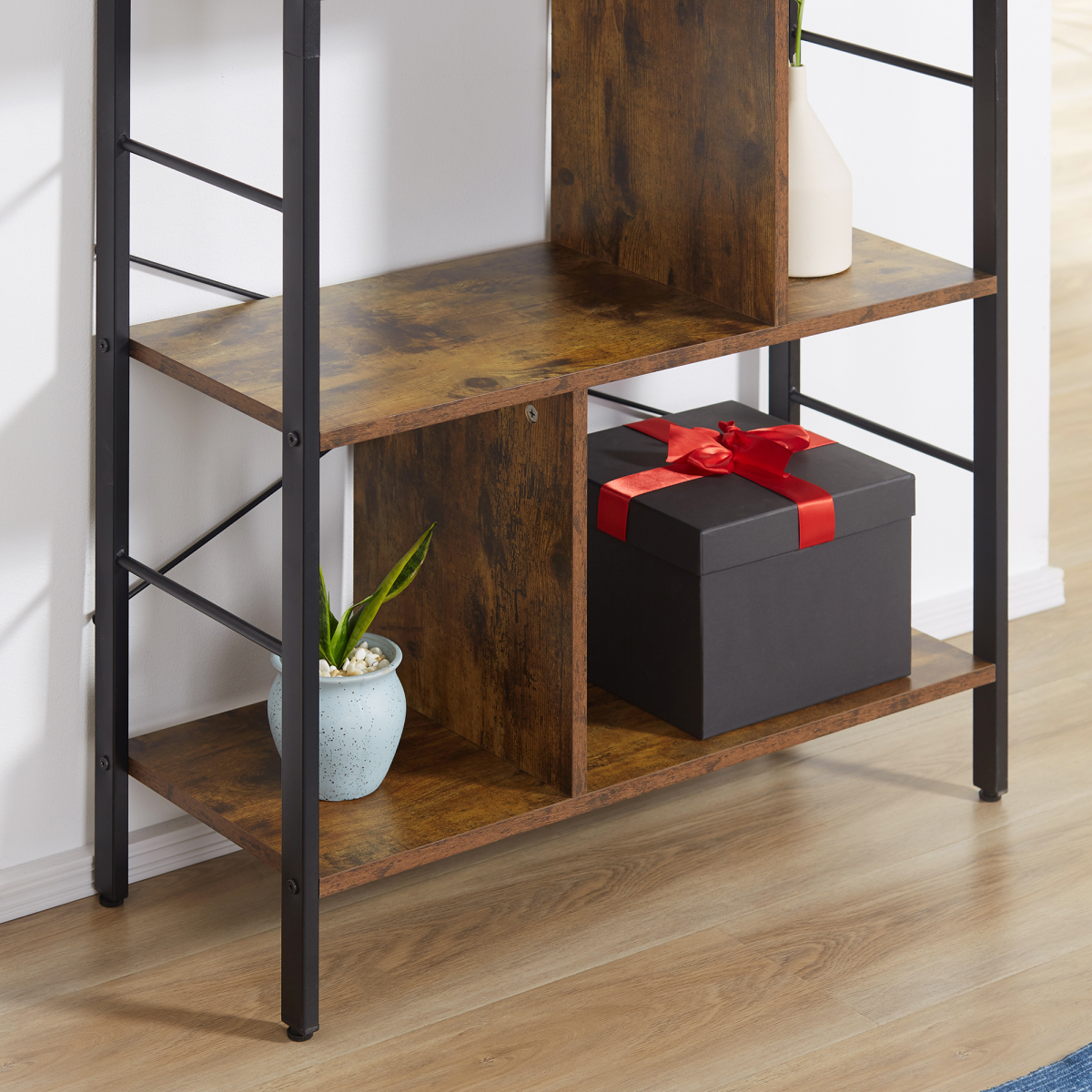 Industrial 5-Tier Storage Shelf Bookcase with Metal Frame, Floor Standing Display Rack, Brown and Black