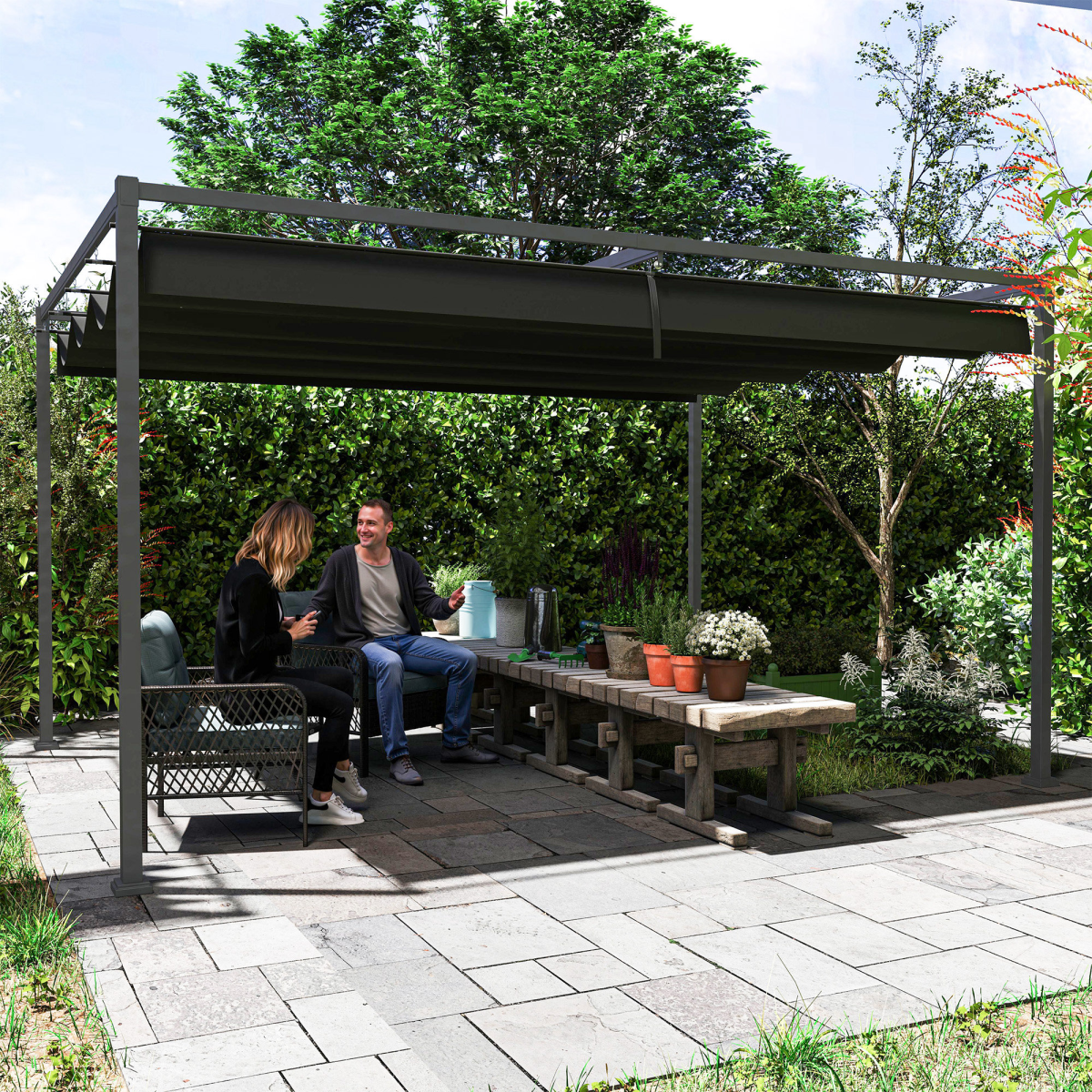 Outsunny 4 x 3 m Metal Pergola Gazebo with Retractable Canopy, Black