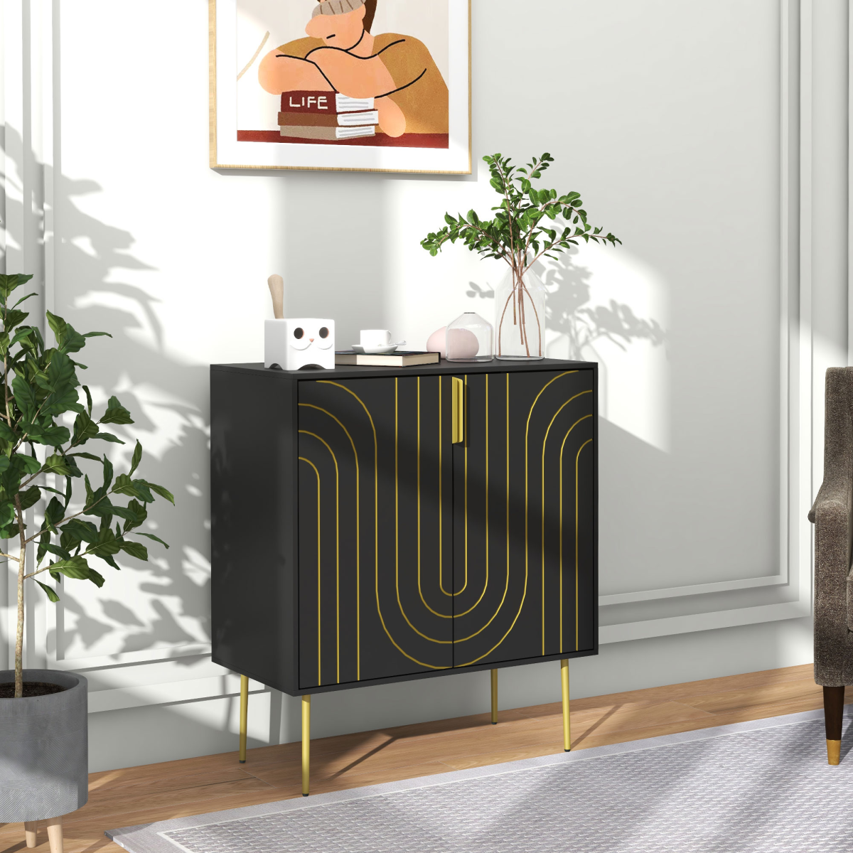 HOMCOM Art Deco Freestanding Black Storage Cabinet with Adjustable Shelf