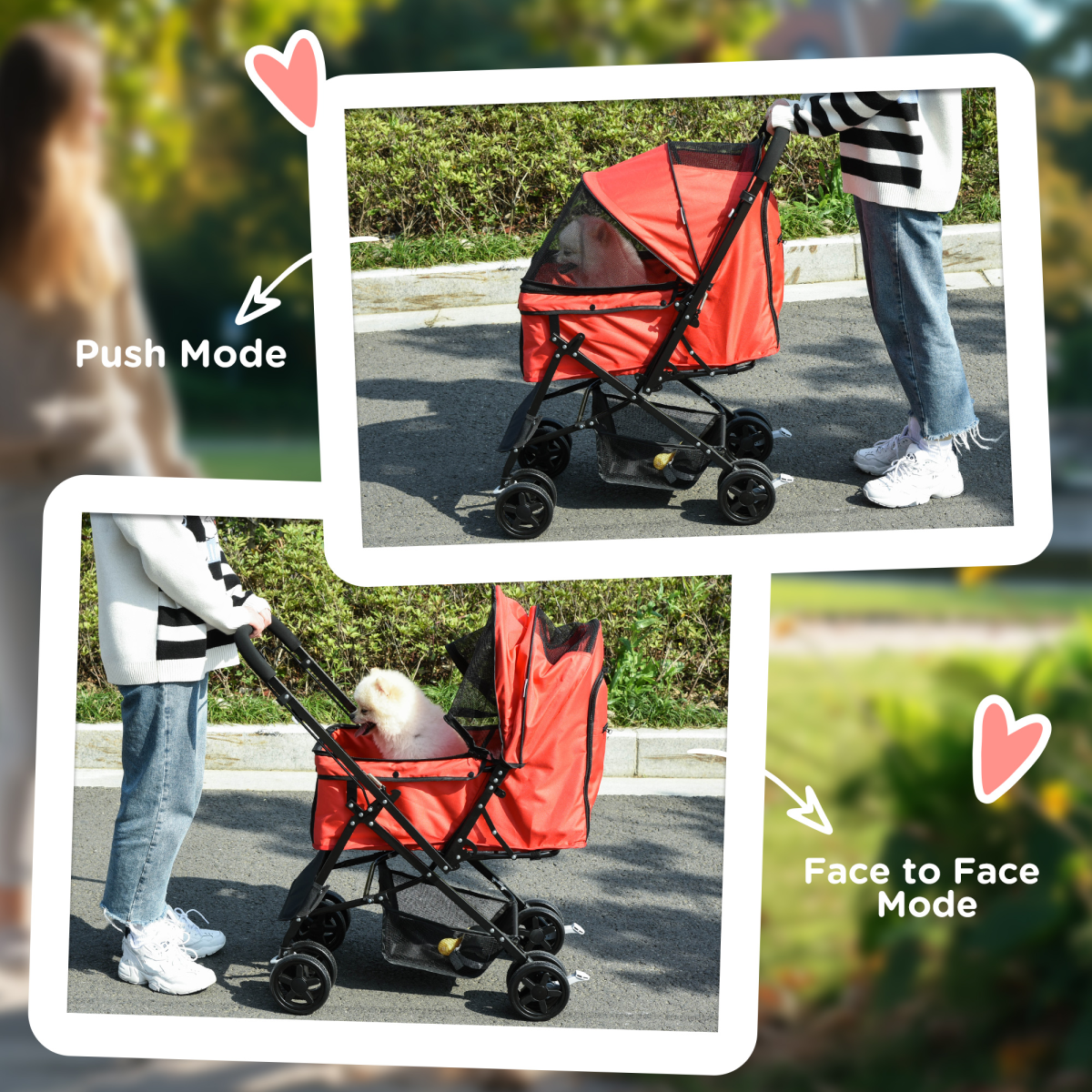 Foldable Pet Stroller for Small Dogs and Cats with Reversible Handle, Brake Wheels, Storage Basket