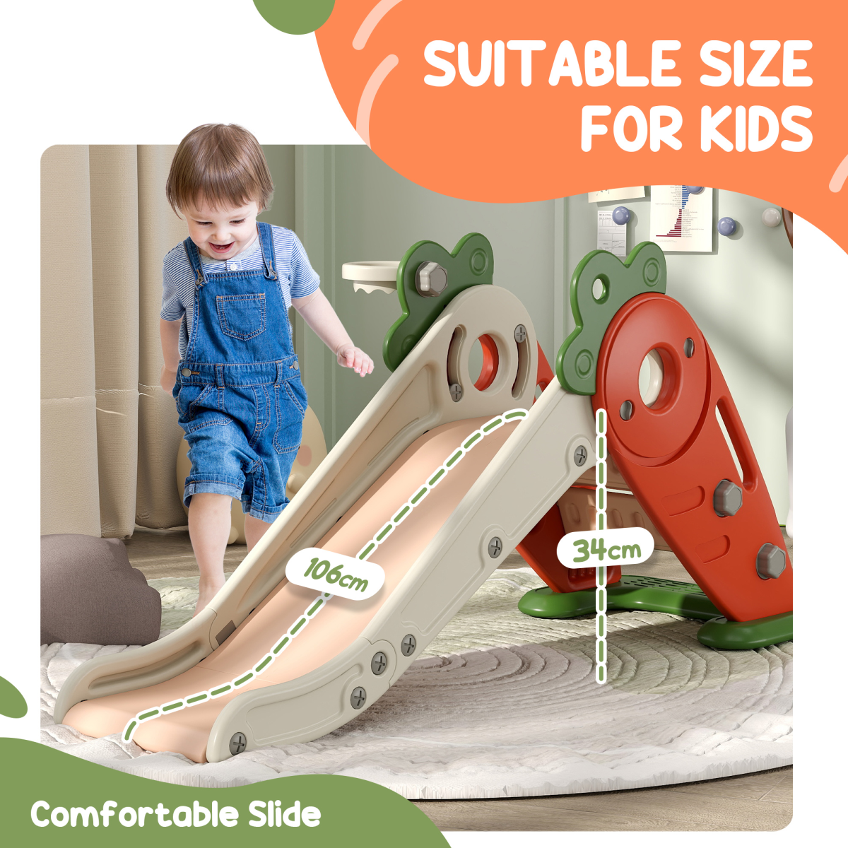 AIYAPLAY 3-in-1 Carrot Kids Indoor Slide with Basketball Hoop, Foldable