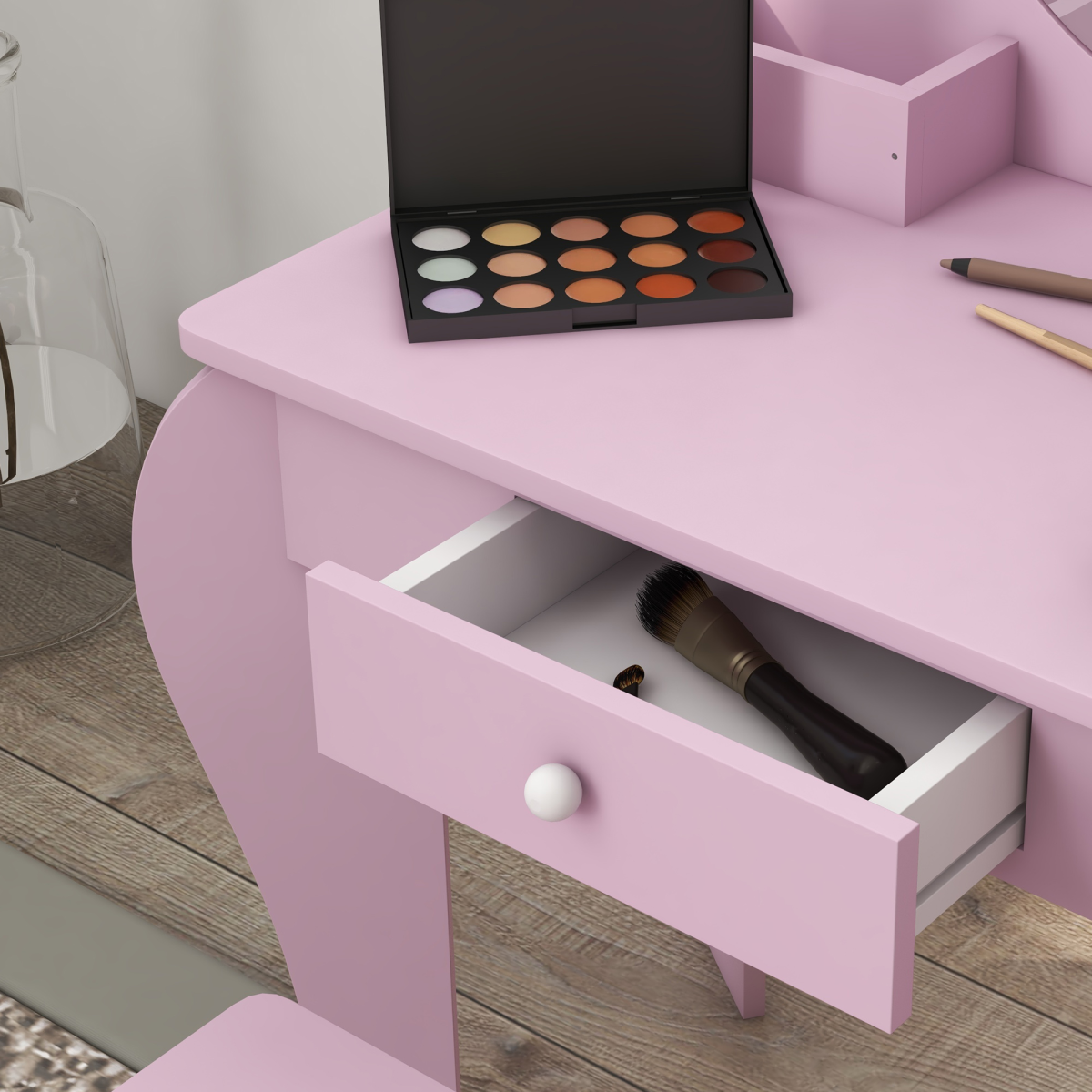ZONEKIZ Kids Dressing Table Set with Mirror, Stool, Drawer and Storage Boxes, Cat Design, Pink