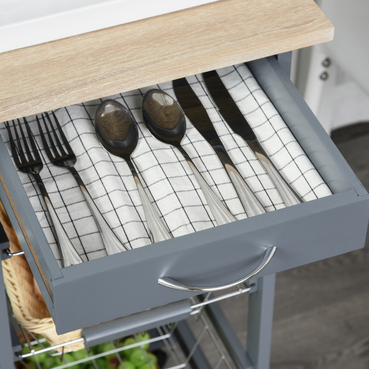 HOMCOM Kitchen Island Trolley on Wheels with Drawer, 4 Removable Metal Baskets, 2 Side Racks, Dark Grey
