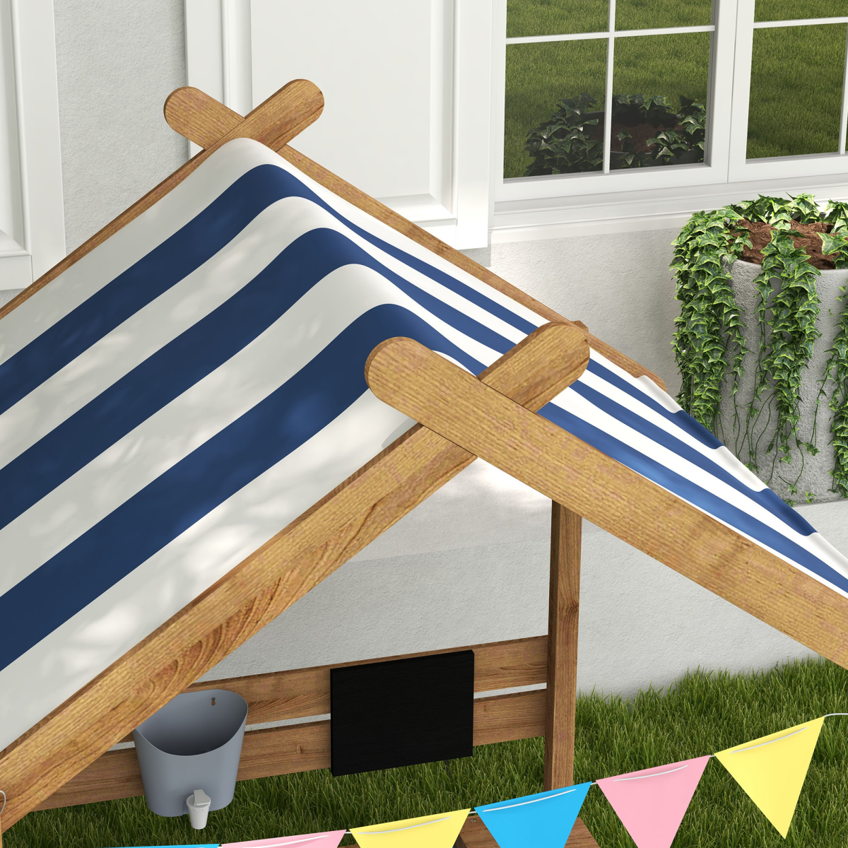 Outsunny Kids Wooden Sand Pit with Canopy, Blackboard, Sink, Seats and Toys