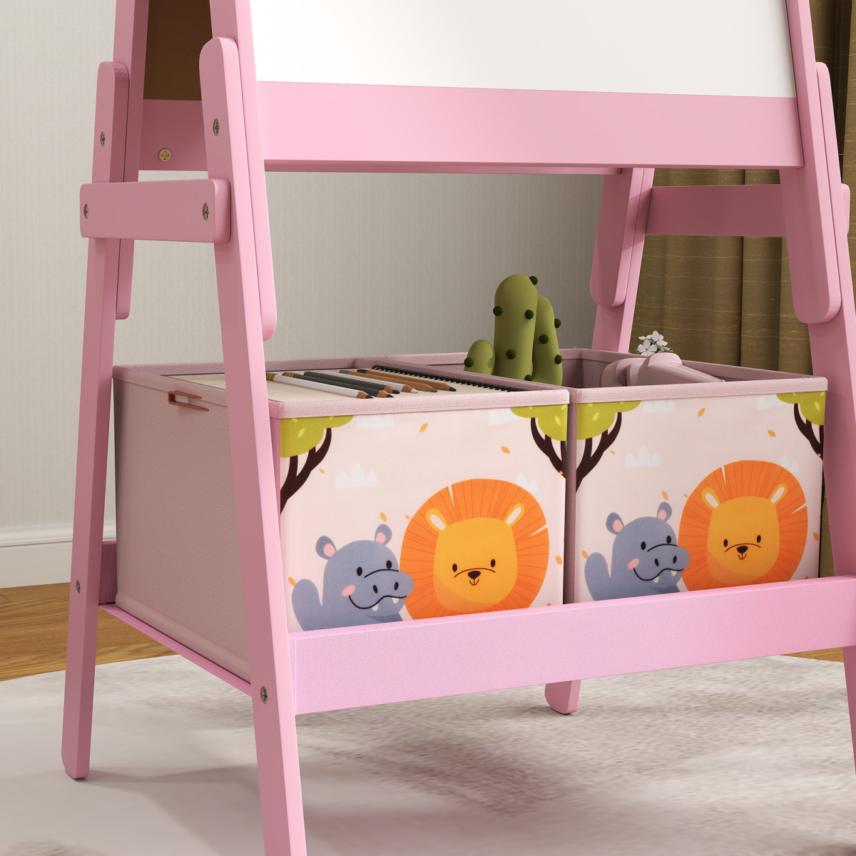 AIYAPLAY Pink 2-in-1 Kids Easel with Whiteboard, Chalkboard & Storage