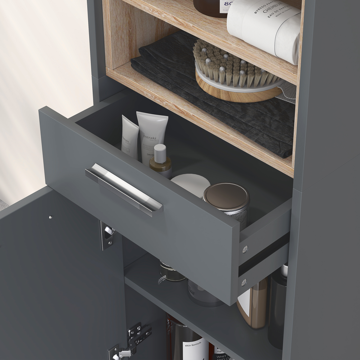 HOMCOM Grey Bathroom Storage Unit with Cabinets, Shelves and Drawer