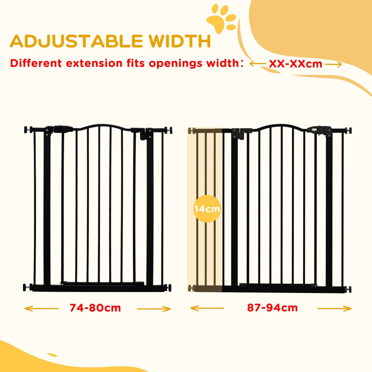 PawHut Adjustable 74-94cm Metal Pet Gate with Auto-Close Door White