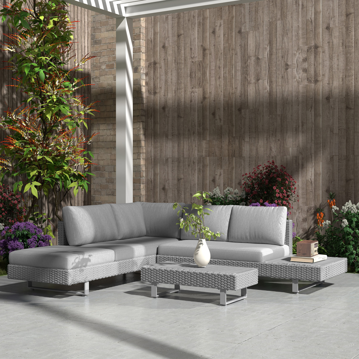 Outsunny 3-Piece PE Rattan Outdoor Sofa Set with Tea Table and Cushions, Light Grey