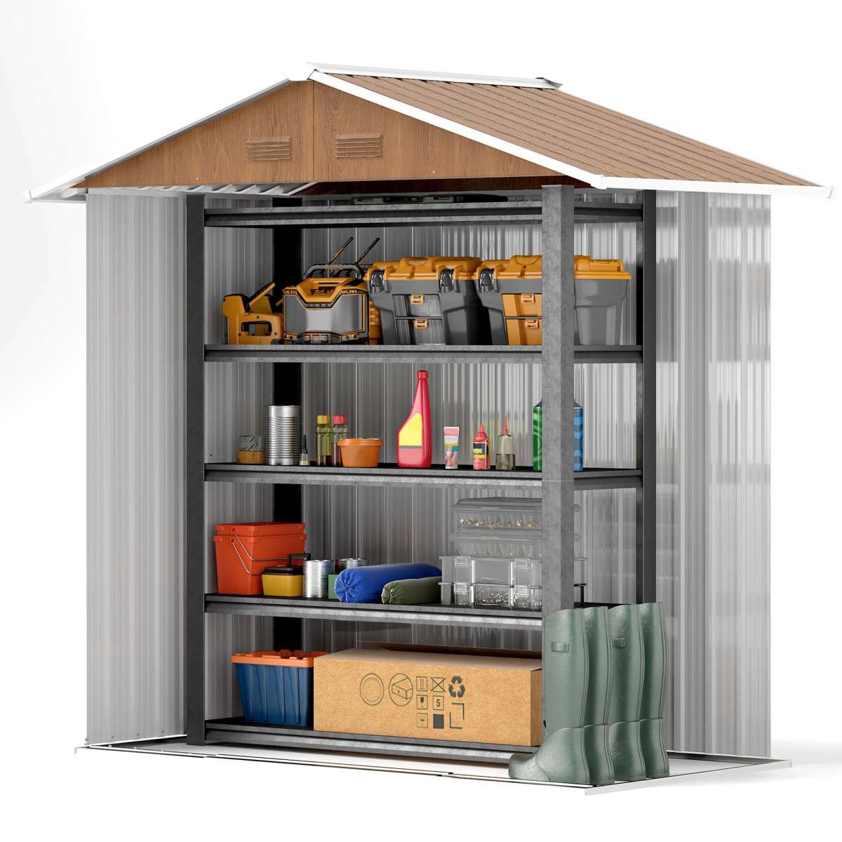 Outsunny 6.5 x 3.5ft Galvanised Steel Garden Shed, Brown Wood Effect