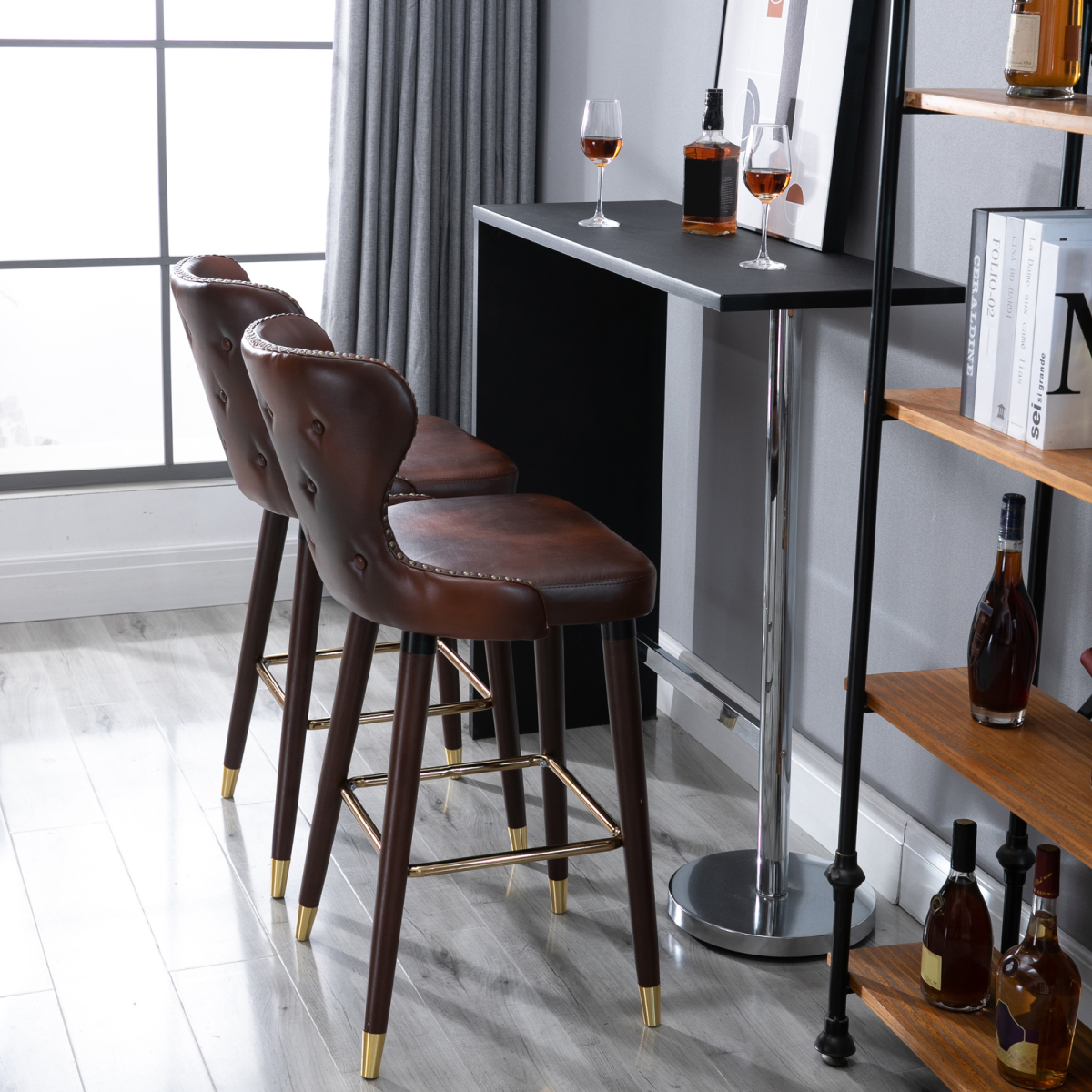 HOMCOM Set of 2 Brown PU Leather Bar Stools with High Back
