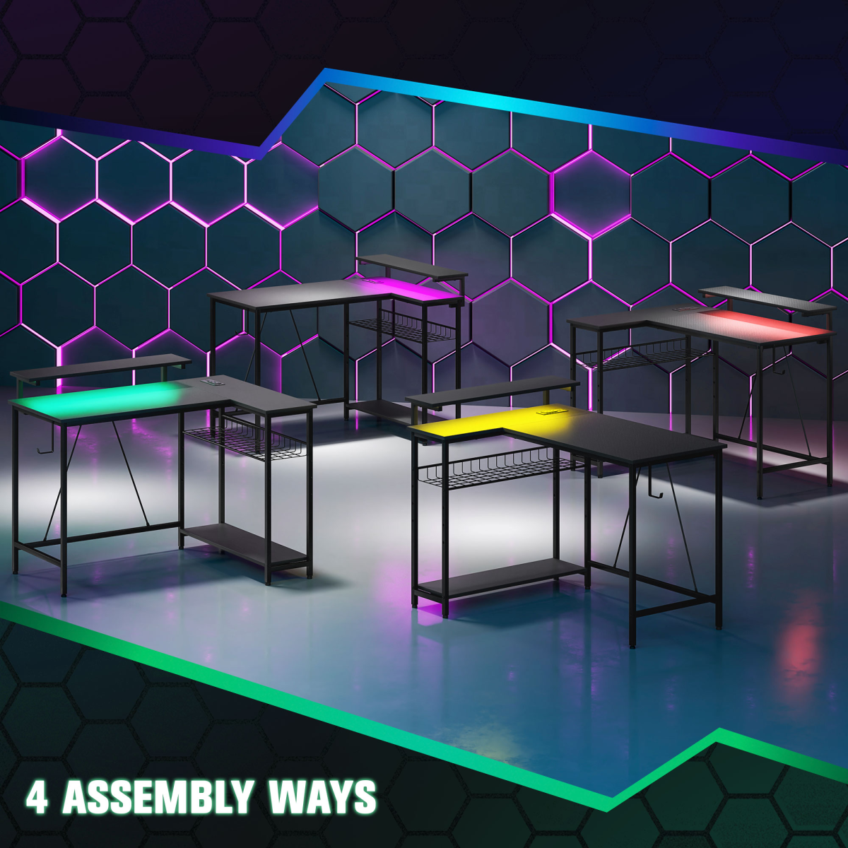 HOMCOM Reversible L Shaped Gaming Desk with LED Lights & Storage