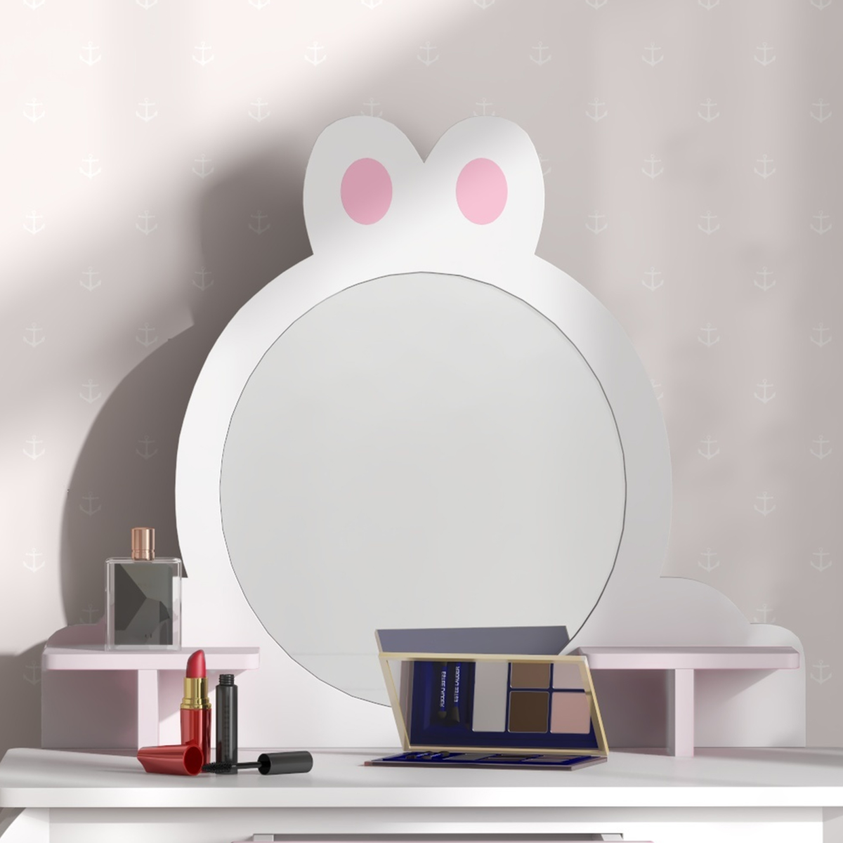 ZONEKIZ Kids Dressing Table with Mirror and Stool, Drawer, Storage Shelf - White