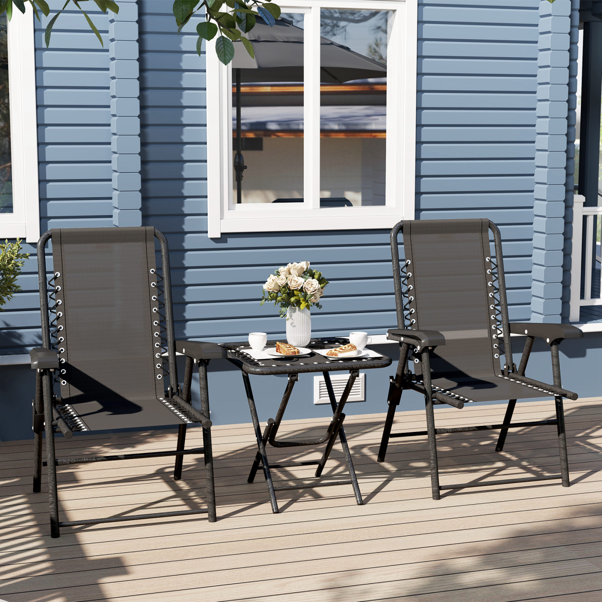 Outsunny 3-Piece Folding Garden Bistro Set with Cup Holders, Steel and Texteline, Black