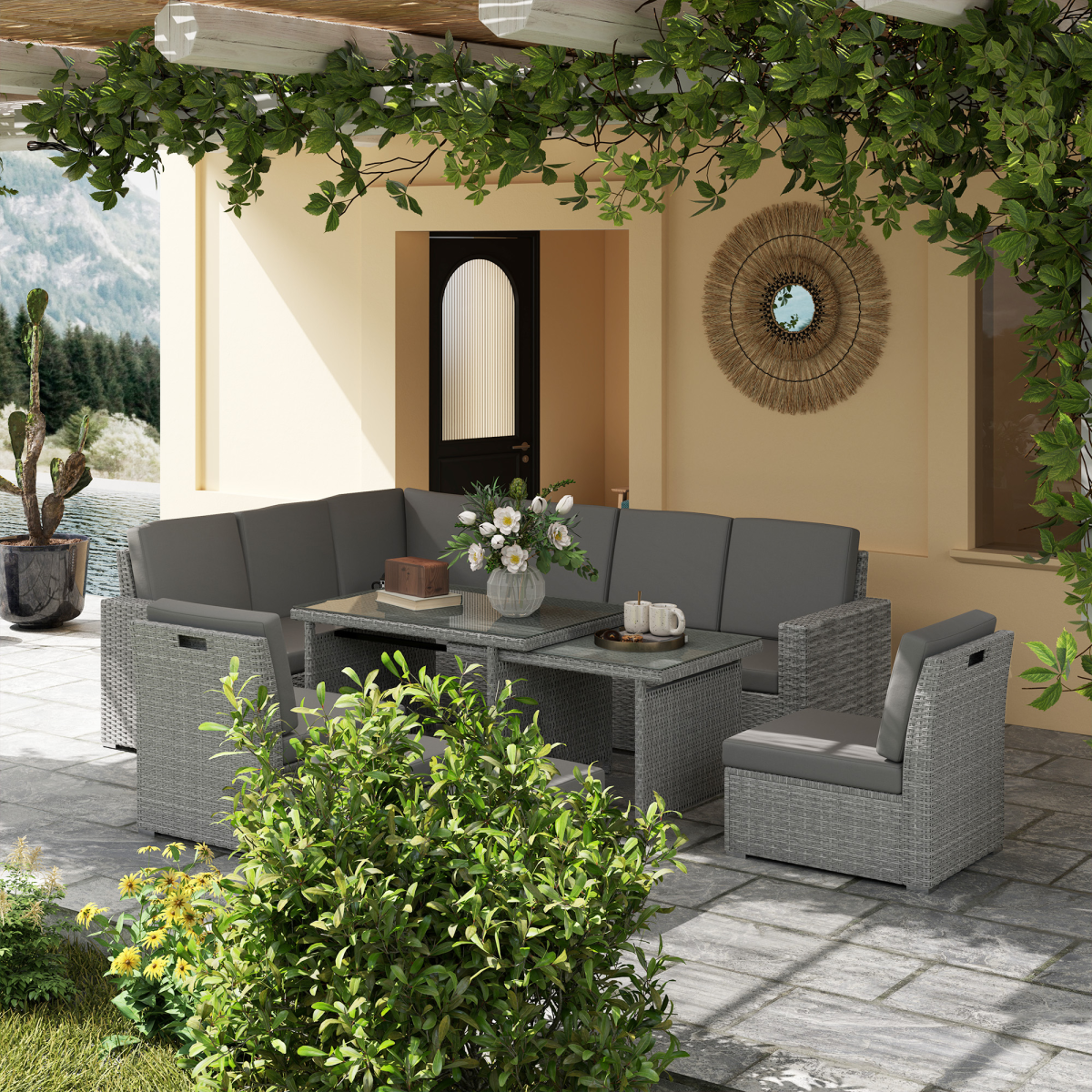 Outsunny 7-Piece 10-Seater Sofa Sectional Set with Cushions, Footstools and Glass Table