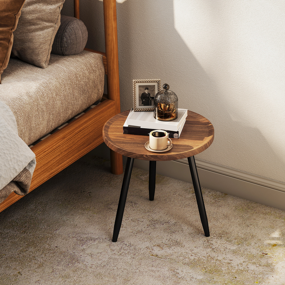 HOMCOM Modern Round End Table, Chestnut Wood Effect, Steel Base