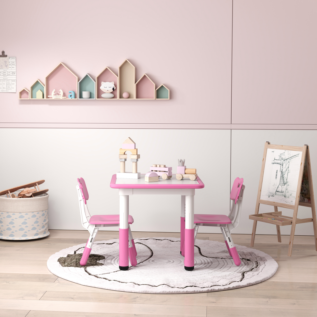 AIYAPLAY 3-Piece Adjustable Kids Table and Chair Set, Pink